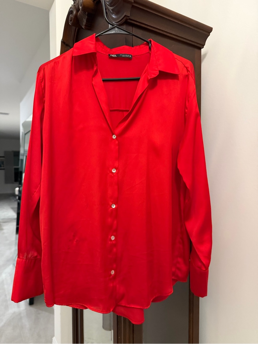 Zara Red Satin Button-Down Shirt